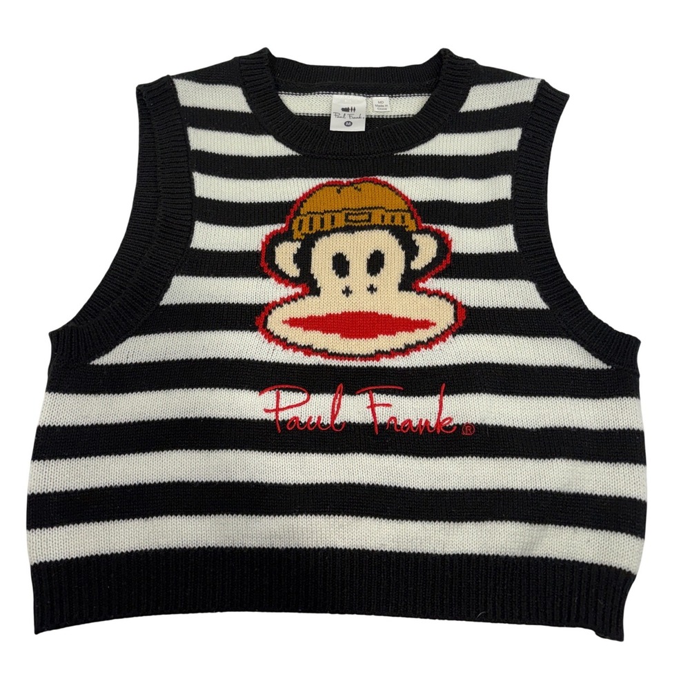 Paul Frank Julius the Monkey Striped Sweater Vest Vintage Y2K Black White Medium